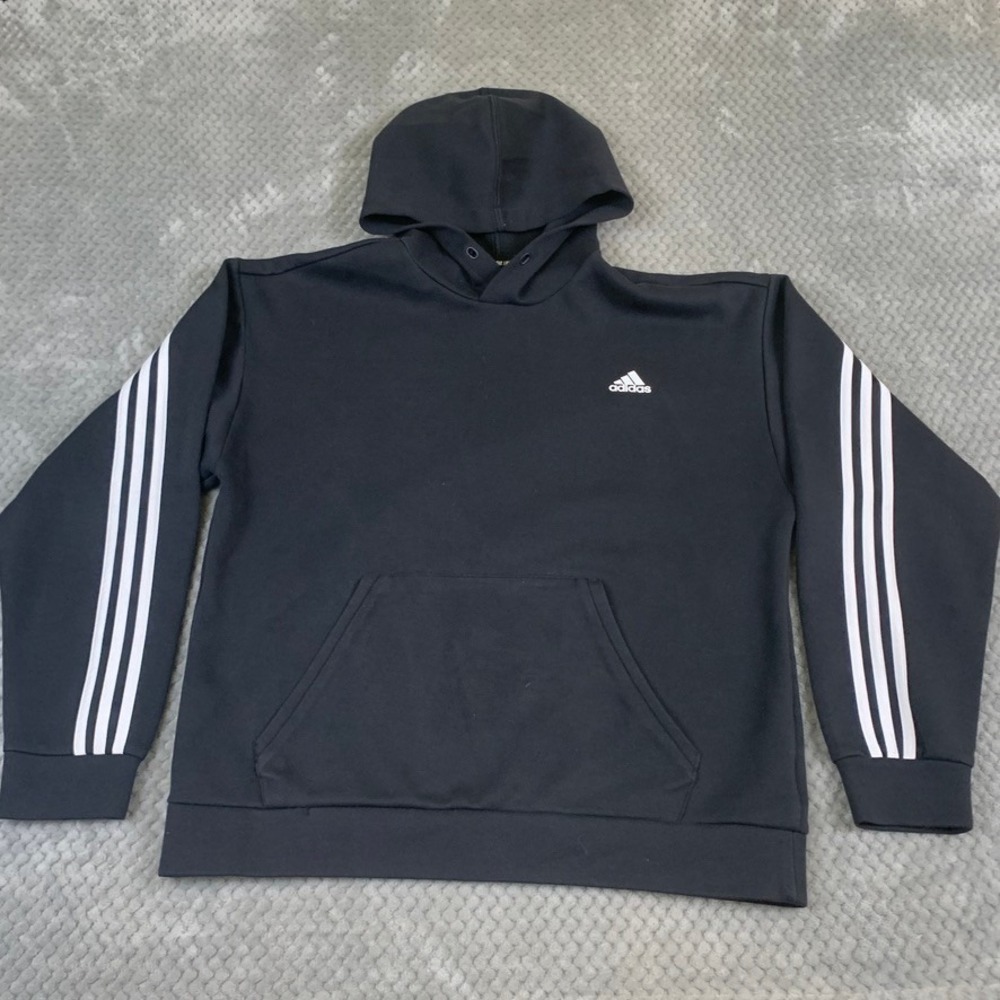 Adidas Gameday Hoodie Mens Large Black 3 Stripe Pullover Sweatshirt FI6143